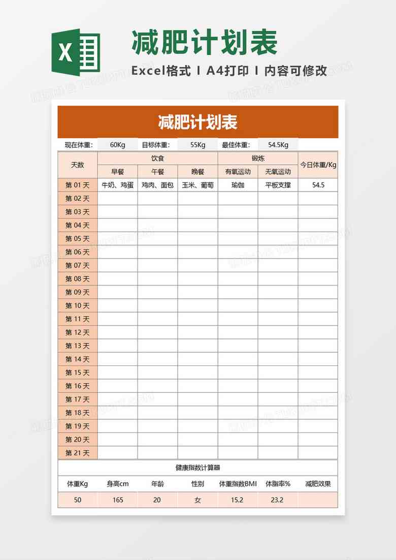 减肥计划表格详细：男生专用模板与范本格式